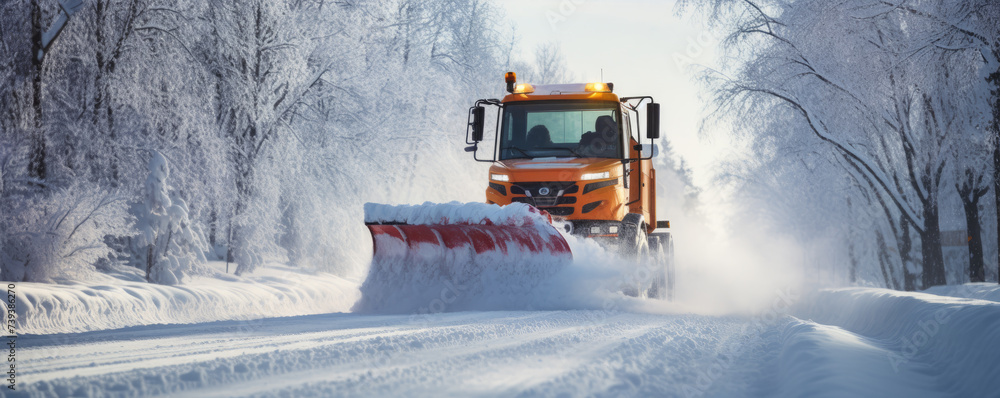 Snow plow truck is plowing snow from a road during hard winter Snow plow truck is plowing snow from a road during hard winter