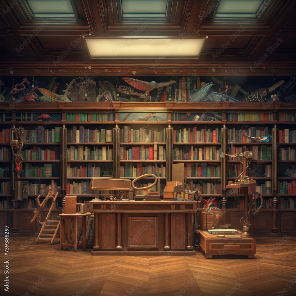 a 3d model of a library with lots of books and a desk,generated bi AI