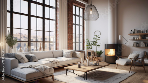 A modern Scandinavian living room with a touch of industrial elements  combining simplicity with a hint of urban charm