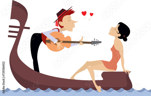 Man with guitar and woman ride on gondola. 
Singing man with guitar and happy young woman ride on gondola. Heart symbol. Isolated on white background
