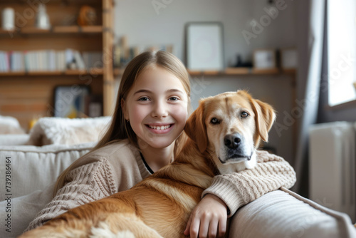Happy girl and her dog friend sitting on the sofa. AI generative © tiena