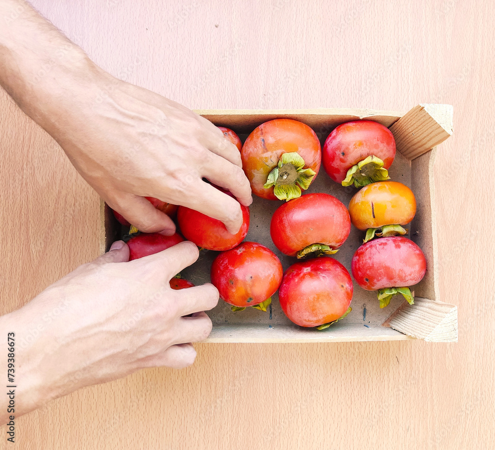 Close up man hands hold a wooden box with organic persimmons. Close up man hands hold a wooden box with organic persimmons.
