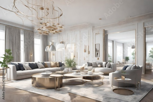 3D Rendering of large and full Furnished living Room. Computer generated image of a luxurious and modern living room interiors. © Muhammad