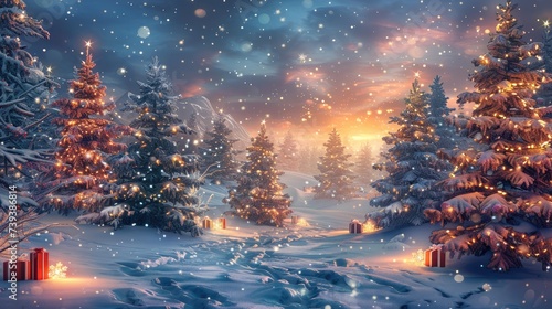 Illuminated christmas trees with red and golden garlands into a forest with snowy flakes with shape of stars close to xmas gifts in red boxes , Generative AI illustration