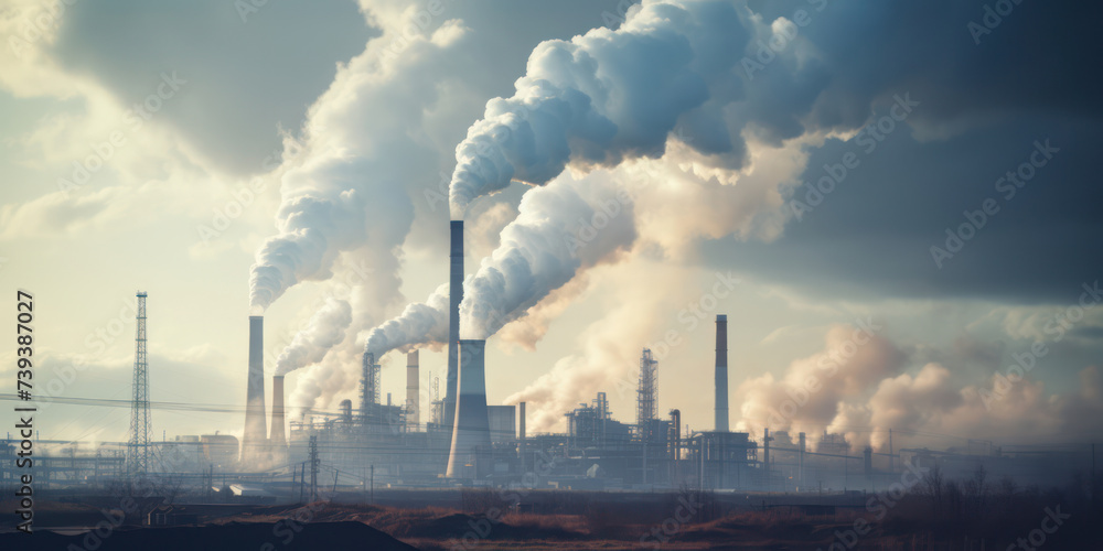 Polluted Industrial Sky: Toxic Emission from Power Plant Creates Dirty Smokestack Clouds in a Blue Background