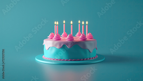 a birthday cake with candles isolated on a blue background. colored cake decorated with colorful sprinkles and candles