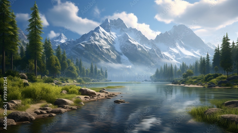A realistic digital rendering of a pristine mountain lake surrounded by rocky cliffs and evergreen trees, creating a breathtaking and tranquil background