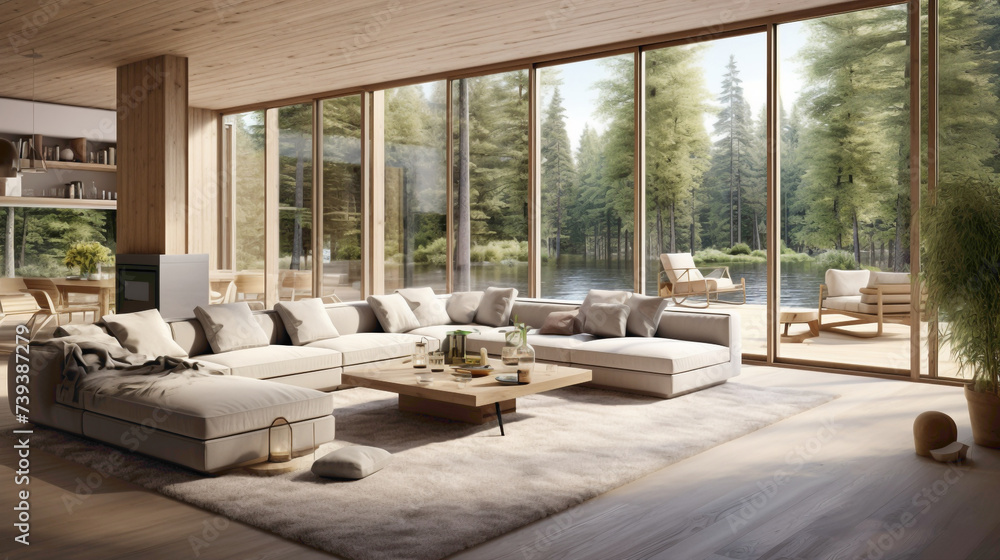 A modern Scandinavian living room with an open-plan layout, seamlessly ...