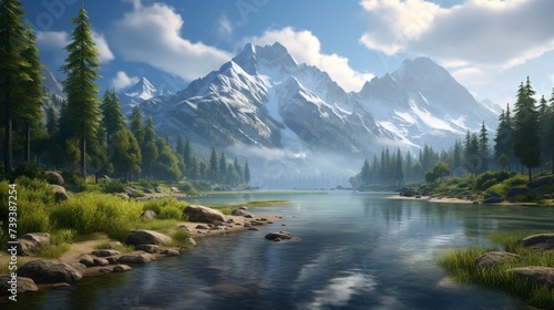 A realistic digital rendering of a pristine mountain lake surrounded by rocky cliffs and evergreen trees  creating a breathtaking and tranquil background