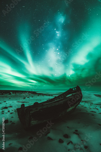 Aurora borealis over old shipwreck on the beach.
