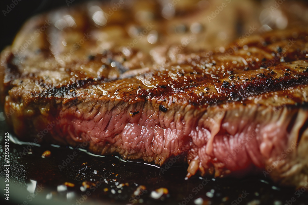Grilled beef steak in a frying pan. Close-up. Grilled beef steak in a frying pan. Close-up.