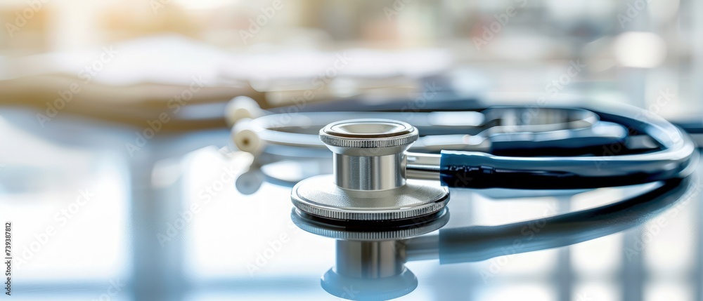 Composition of the medical object. stethoscope on white background. selective focus. A medical stethoscope sitting on top of a table. Generative AI Composition of the medical object. stethoscope on white background. selective focus. A medical stethoscope sitting on top of a table. Generative AI
