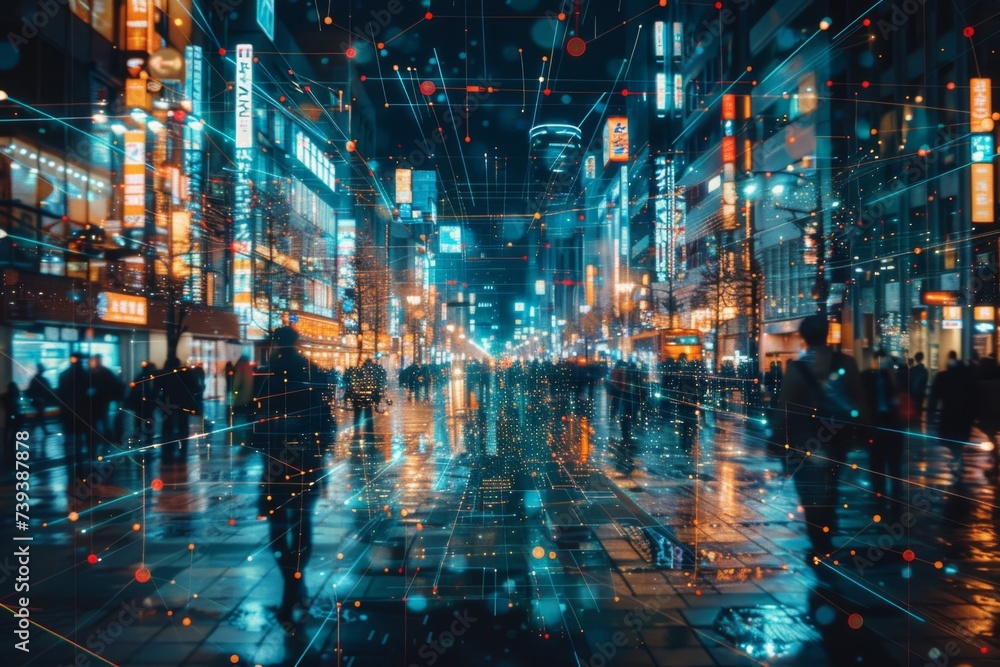 Futuristic cityscape and people concept with network connection. - obrazy, fototapety, plakaty 