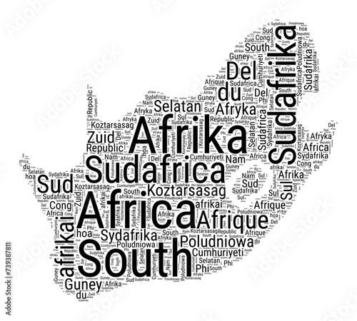 Black and white word cloud in South Africa shape. Simple typography style country illustration. Plain South Africa black text cloud on white background. Vector illustration.
