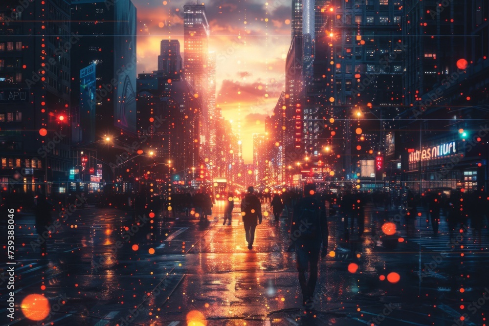 Fototapeta premium Futuristic cityscape and people concept with network connection.