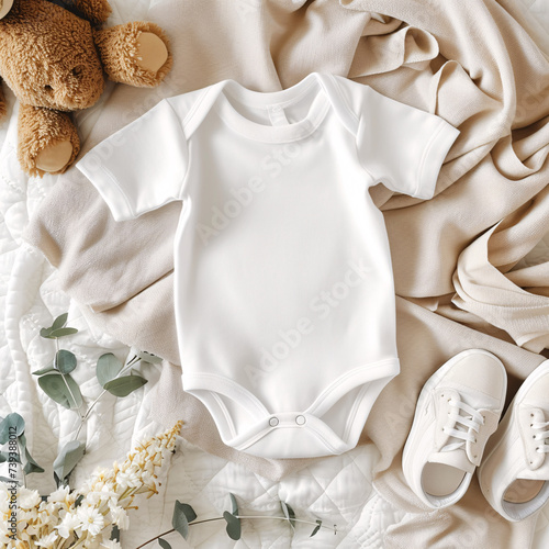 Welcoming New Life: Adorable Baby Onesie with Cozy Accessories Displayed on a Soft Textured Background