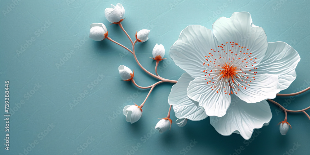 Obraz premium Delicate White Flower with Intricate Details Against a Soft Teal Background: A Symbol of Purity and Elegance