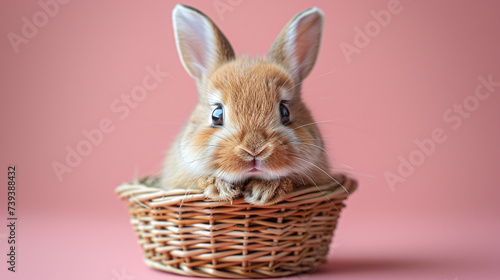 Cute fluffy Easter bunny sitting in a wicker basket on a plain light pink background © Ruslan