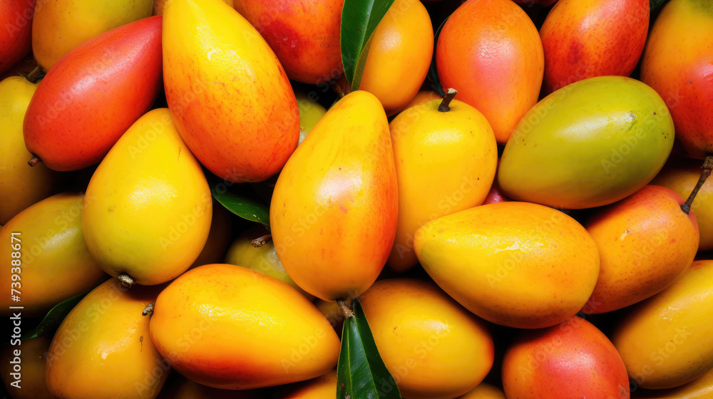 Fruit background. Top view of yellow orange and red mangoes Fruit background. Top view of yellow orange and red mangoes