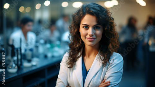 Beautiful young woman scientist wearing white coat on blurred background