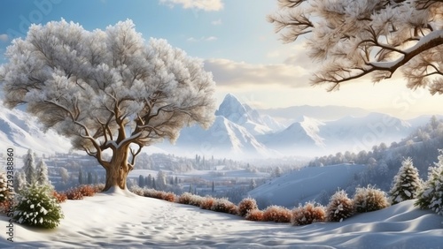 Imagine a beautiful and charming scene with a valley in the background  with a layer of snow covering the ground and cones hanging from the branches of trees