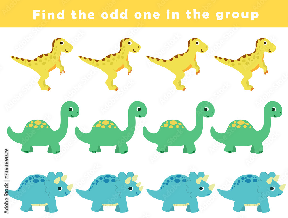 Obraz premium Find the odd one out for toddlers. Spot the difference for kids. Educational quiz worksheet with cute dino illustration. Logical activity for children.