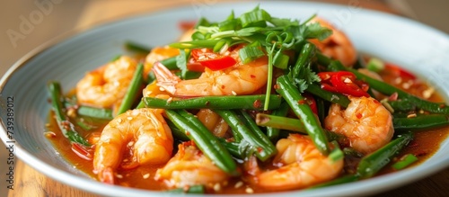 Delicious seafood bowl with fresh shrimp and assorted vegetables on a white background