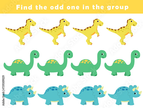 Find the odd one out for toddlers. Spot the difference for kids. Educational quiz worksheet with cute dino illustration. Logical activity for children.