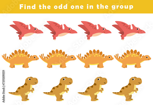 Find the odd one out for toddlers. Spot the difference for kids. Educational quiz worksheet with cute dino illustration. Logical activity for children. photo