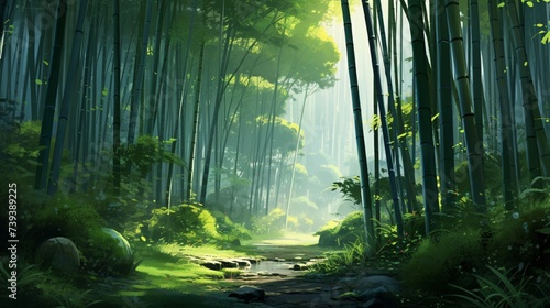 A realistic digital representation of a serene bamboo forest  with tall green stalks and a tranquil ambiance  offering a calming and natural background