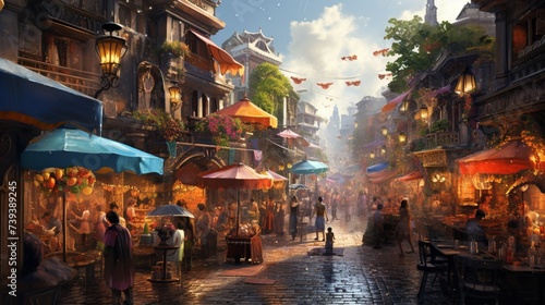 A realistic digital representation of a bustling street market with vendors, colorful umbrellas, and a lively atmosphere, creating a vibrant and culturally rich background