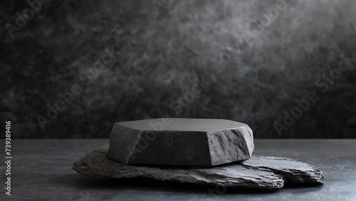 Elegant dark stone pedestals, rough natural stone podium mockup, highlighted against a textured dark stone. ideal for product display. photo