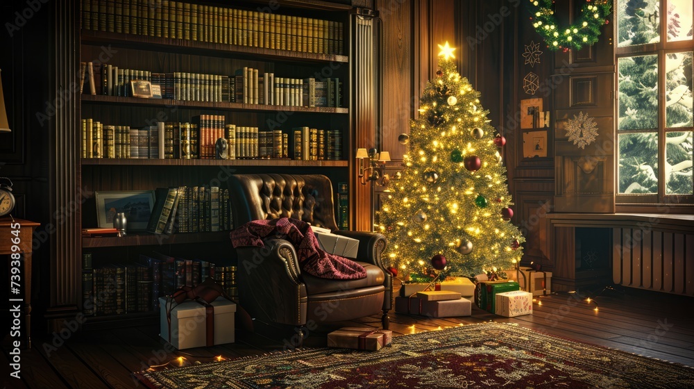 Christmas setting with an armchair by the fireplace and a bookcase close to a Christmas tree decorated with garlands and gifts in red boxes, Generative AI illustration