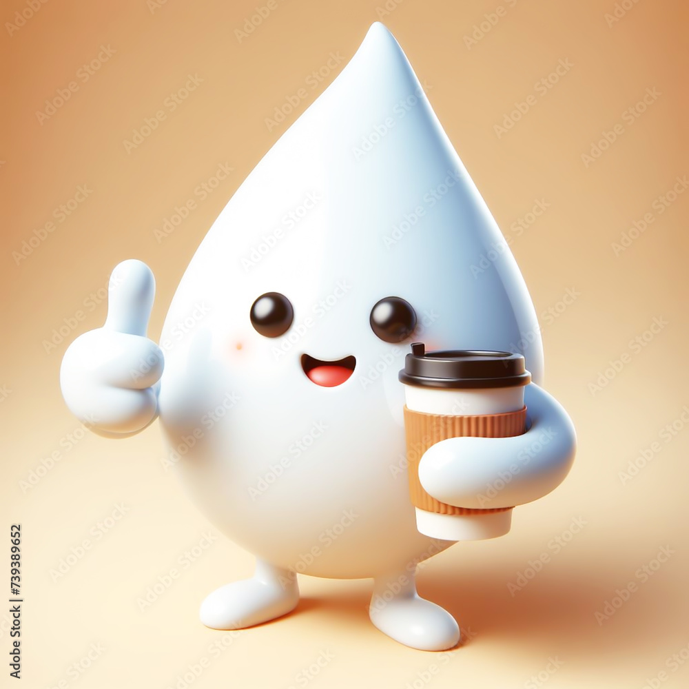 3D milk drop funny cartoon with coffee isolated on background. Healthy food and drinks. AI generated