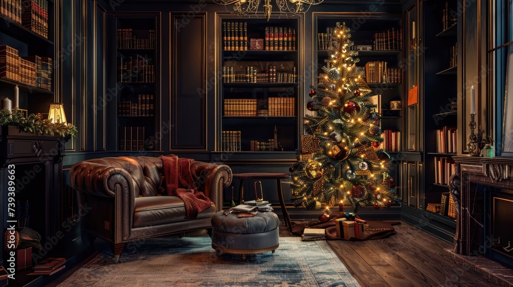 Christmas setting with an armchair by the fireplace and a bookcase close to a Christmas tree decorated with garlands and gifts in red boxes, Generative AI illustration