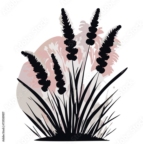 Vector Illustration: Meadow Silhouette Landscape with Wild Herbs, Weeds, Flowers, Bees, and Butterflies