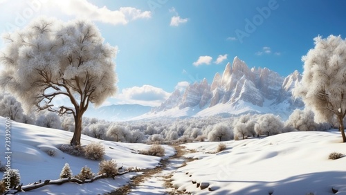 Imagine a beautiful and charming scene with a valley in the background, with a layer of snow covering the ground and cones hanging from the branches of trees © Damian Sobczyk