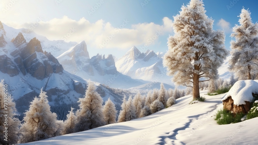 Obraz premium Imagine a beautiful and charming scene with a valley in the background, with a layer of snow covering the ground and cones hanging from the branches of trees