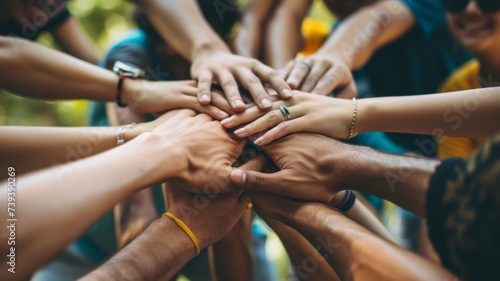 A lot of people put their hand together. Unity concept close up. United team idea. Anti racism sign. Group diverse arm on top of each other. Racial love symbol. Many different multi ethnic. Mixed race