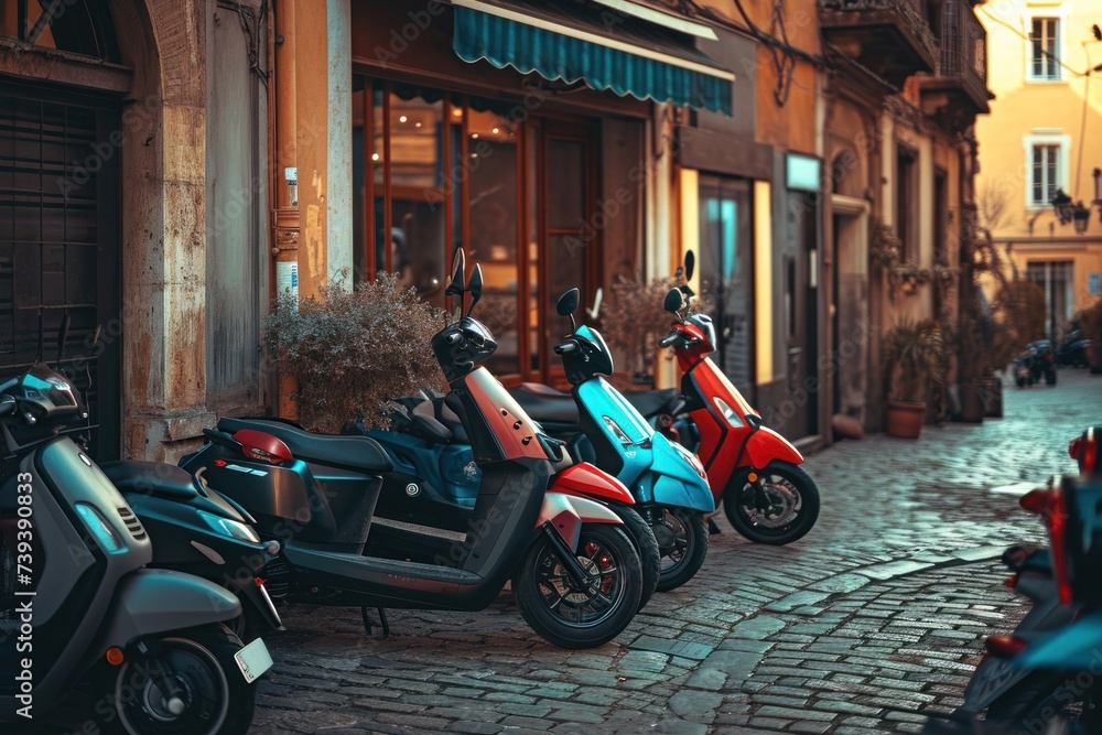 Photorealistic view of electric scooters parked on the picturesque European streets, seamlessly blending with the urban landscape