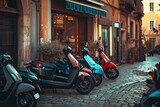 Photorealistic view of electric scooters parked on the picturesque European streets, seamlessly blending with the urban landscape