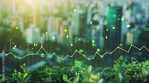A conceptual visualization of eco-innovation with green data points rising from urban flora against a backdrop of a cityscape. Eco-Innovation and Growth in the Urban Jungle


