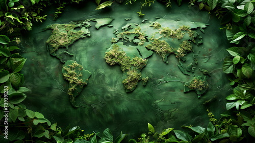 Creative map of the world made from moss and leaves, symbolizing nature and global ecology.