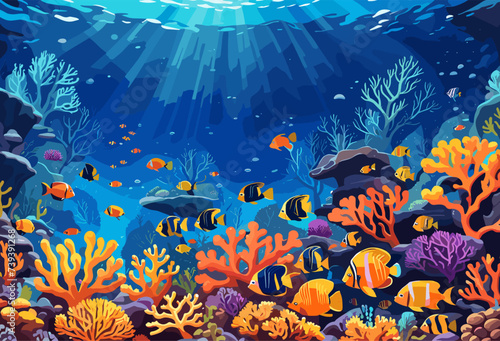 Underwater vector background. Life at sea or ocean bottom. Exotic undersea world with coral reef, colorful fish, cute underwater creatures. Marine landscape, seascape. © Creative_Juice_Art
