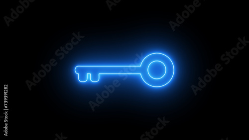 Glowing neon line Key icon isolated on black background. Hyperrealist illustration Neon key in trendy stylish colors. photo