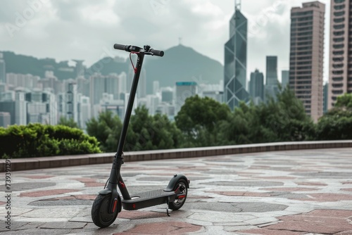 Stationary electric scooter adding a modern touch to the city backdrop