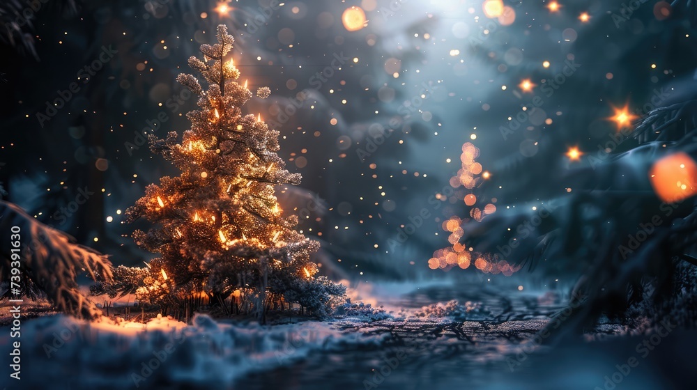 Illuminated christmas trees forest in on a snowy night close to christmas decorations in an artifical stage at twilight, Generative AI illustration Illuminated christmas trees forest in on a snowy night close to christmas decorations in an artifical stage at twilight, Generative AI illustration