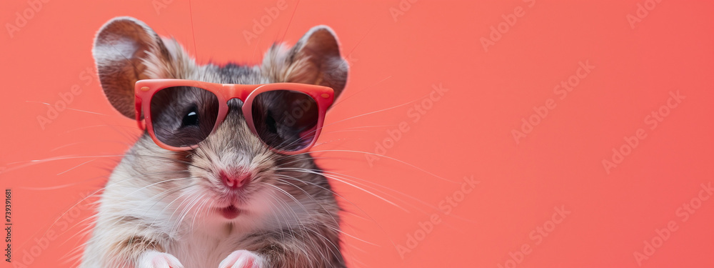 Cool Rat Wearing Orange Sunglasses on Pink Background. Cool pet concept. Copy space Cool Rat Wearing Orange Sunglasses on Pink Background. Cool pet concept. Copy space