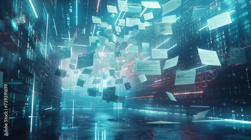 A futuristic digital landscape filled with floating online documents photo