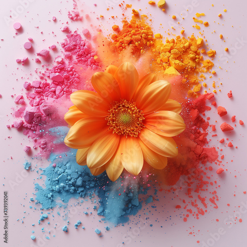 light pink background, in the middle of an explosion of colored powder there is a orange flower, shiny colors